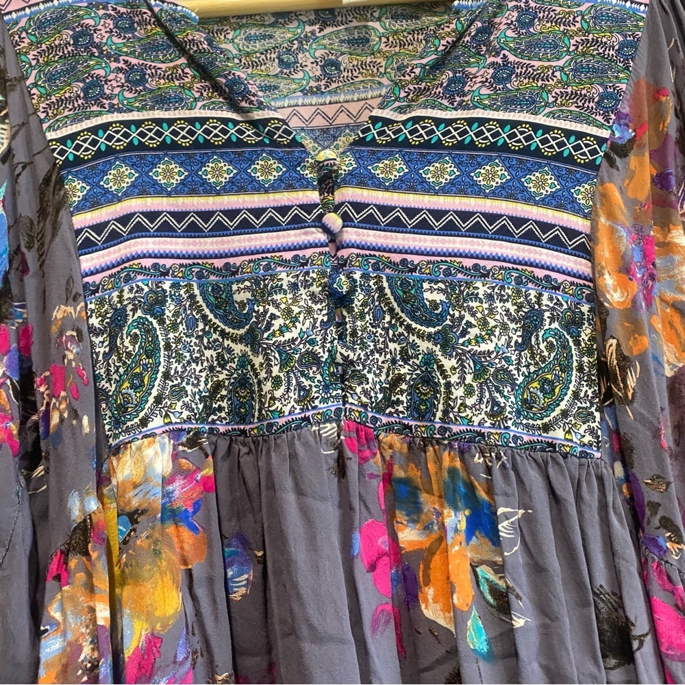 Umgee Women’s Dress Purple Floral Boho Tunic Twirl Balloon Sleeves Size Medium - Picture 2 of 6